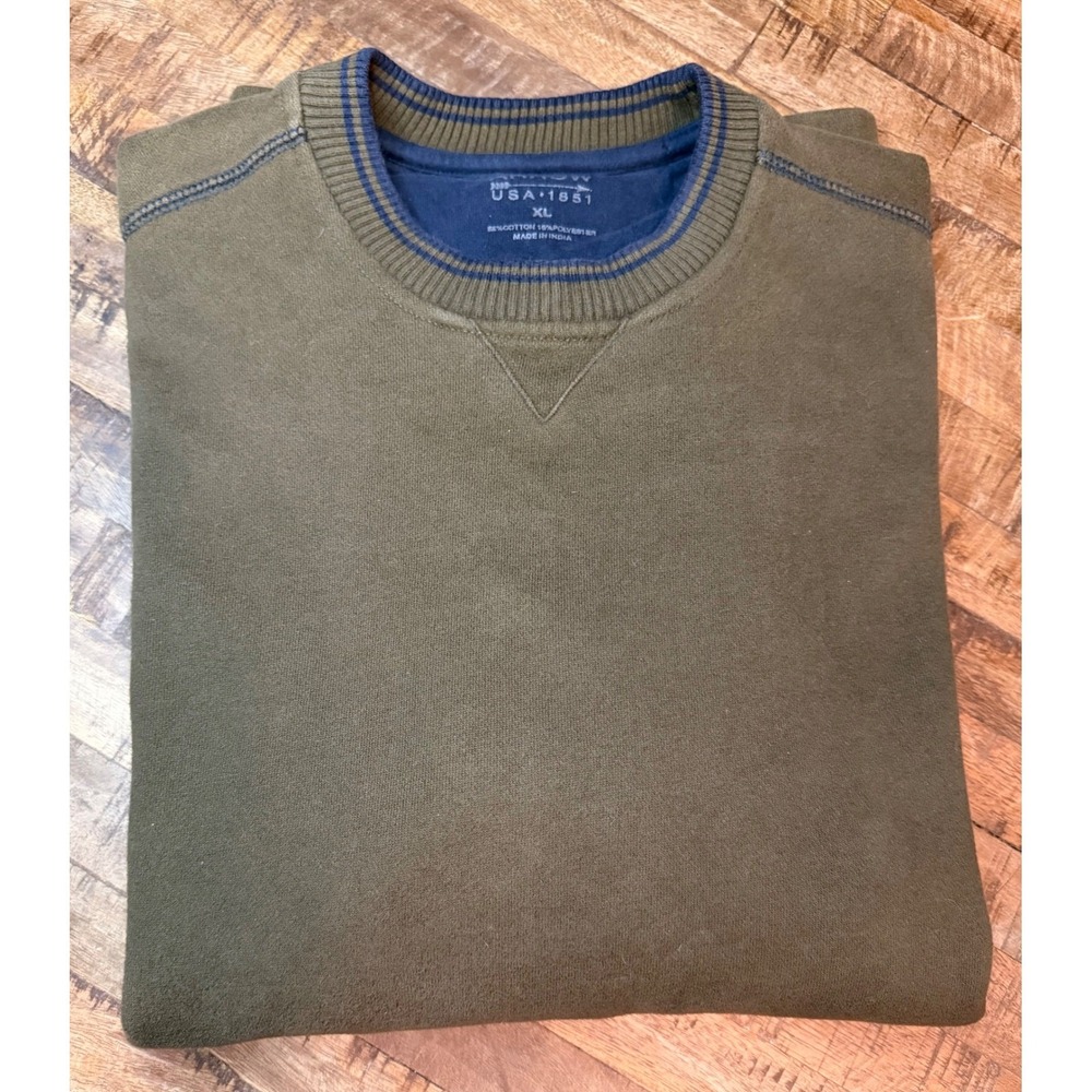 Arrow USA 1851 Mens XL Olive Green Crewneck Sweatshirt Navy Striped Trim Pullove